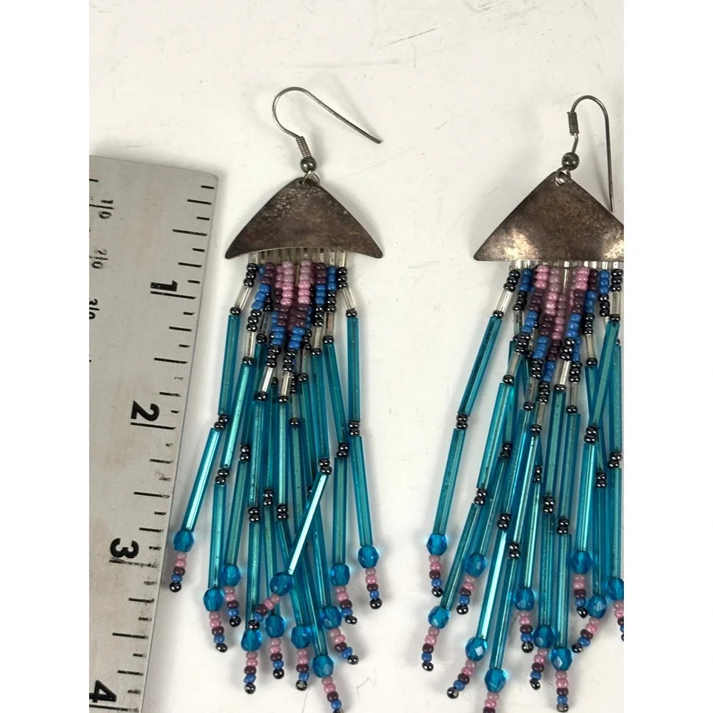 Vintage Southwestern Beaded Fringe Dangle Earrings Blue Glass‎ Tube Beads